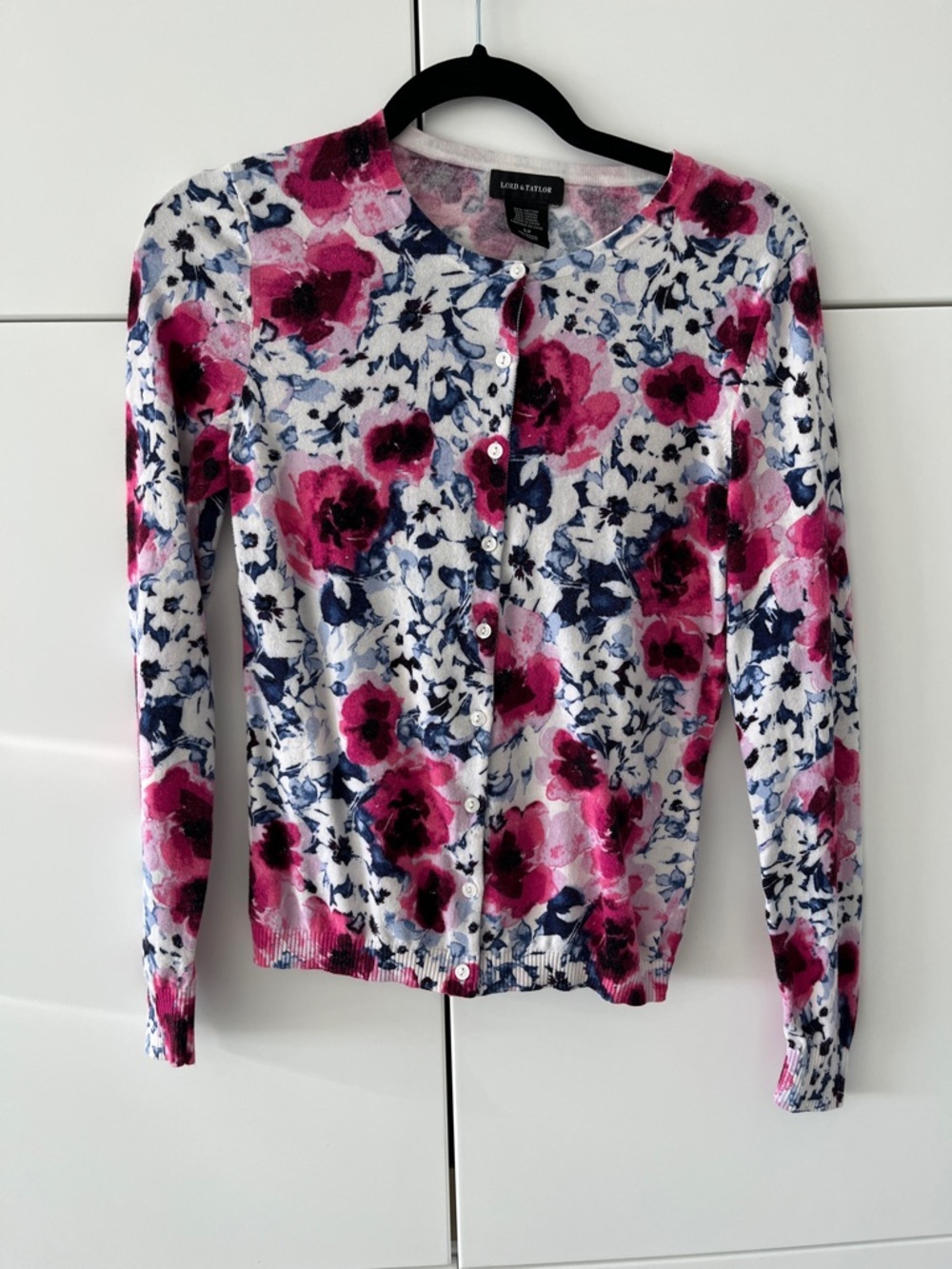 Lord & Taylor Pink and Royal Cobalt Blue Floral Cardigan Sweater